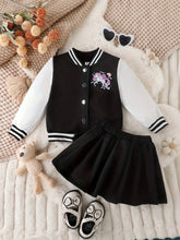 Girls' Cool Baseball Jacket & Pleated Skirt Set, Autumn And Winter